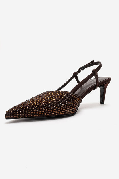 ELODIE - Stiletto de tacón fino con gemas en piel genuina color marrón (Mujer)