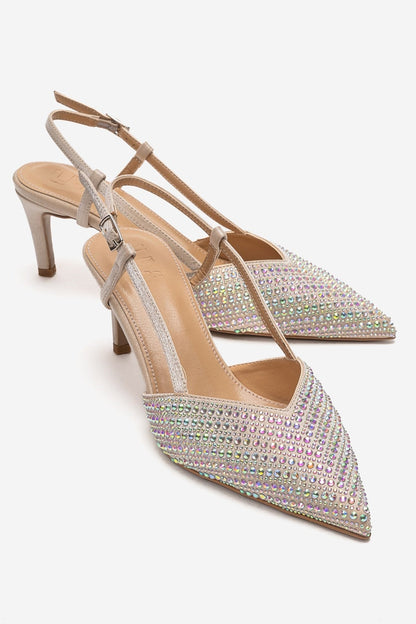 ELODIE - Stilettos de tacón fino con gemas en color beige, de cuero genuino (Mujer)