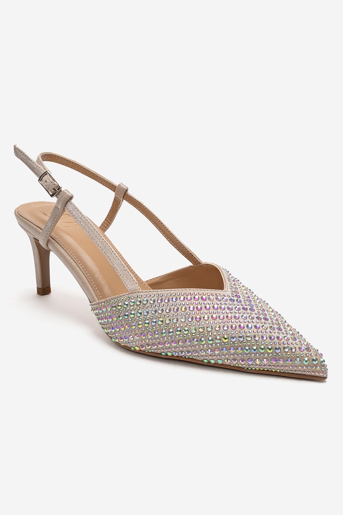 ELODIE - Stilettos de tacón fino con gemas en color beige, de cuero genuino (Mujer)