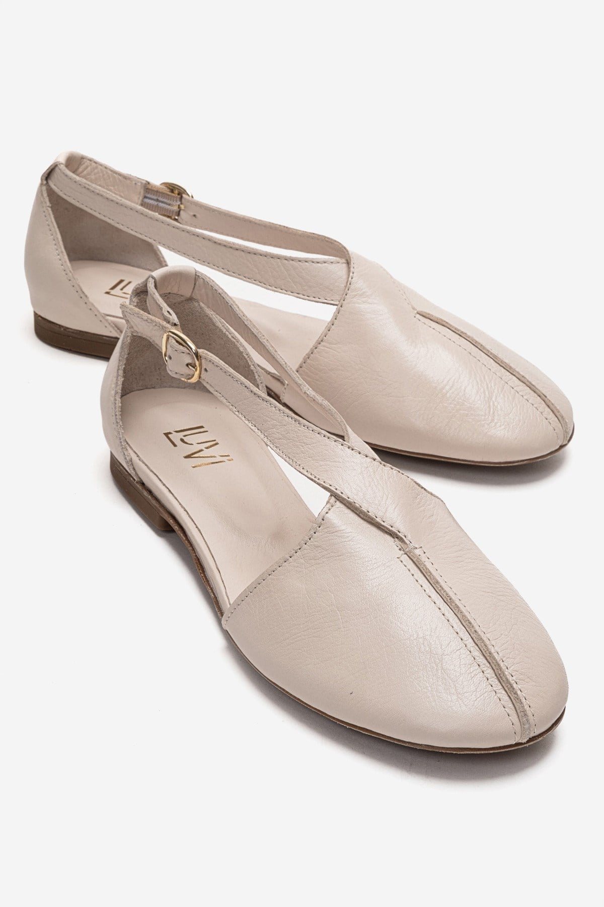 FABLE - Beige Genuine Leather Side-Open Ankle-Strap Ballet Flat (Women)