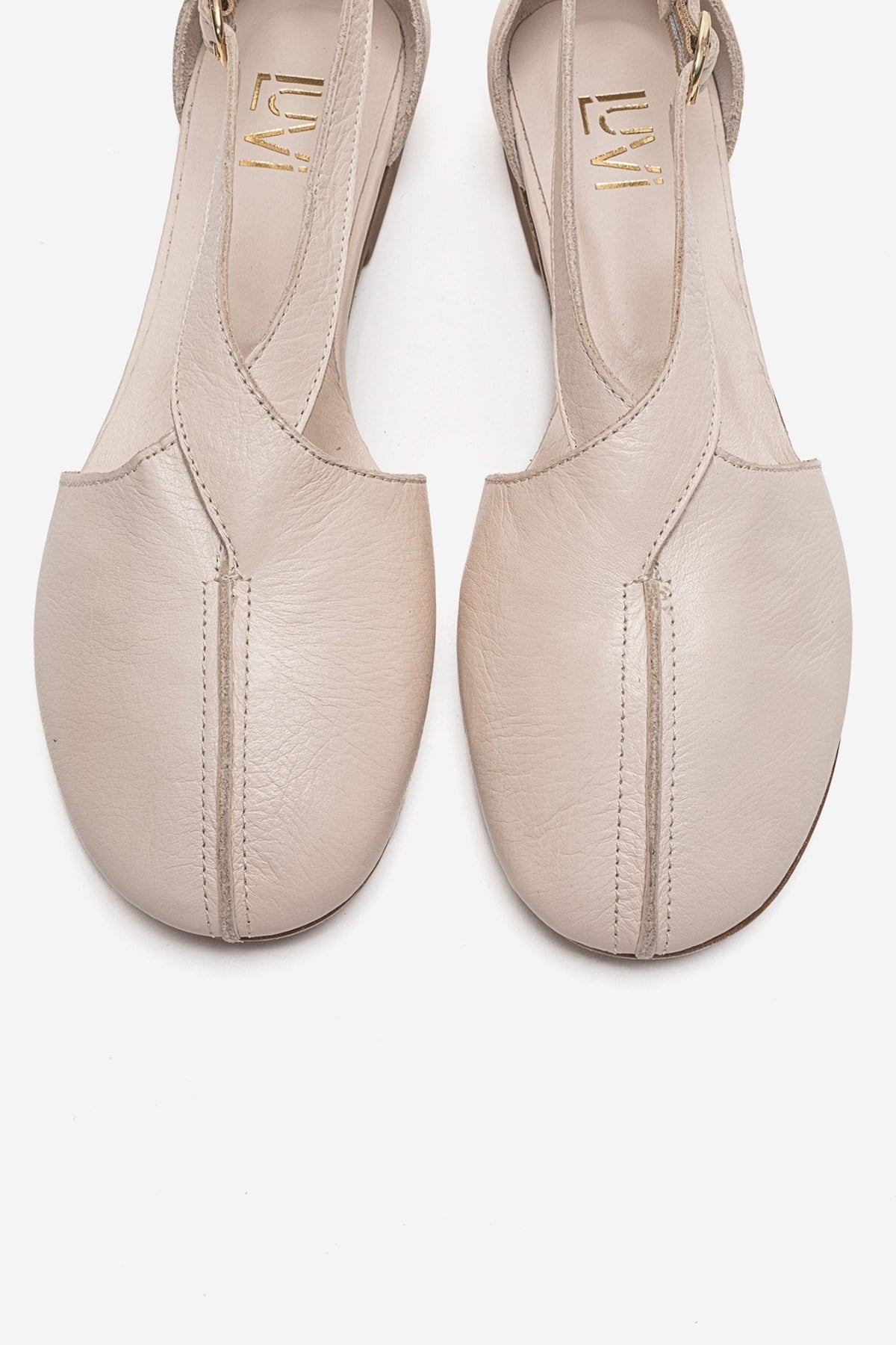 FABLE - Beige Genuine Leather Side-Open Ankle-Strap Ballet Flat (Women)