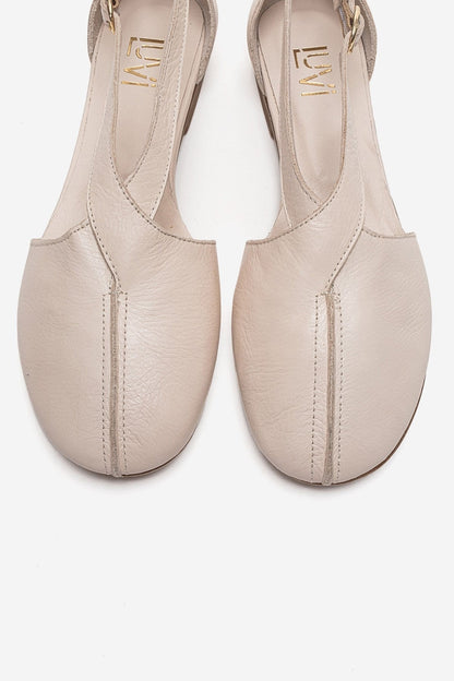 FABLE - Beige Genuine Leather Side-Open Ankle-Strap Ballet Flat (Women)