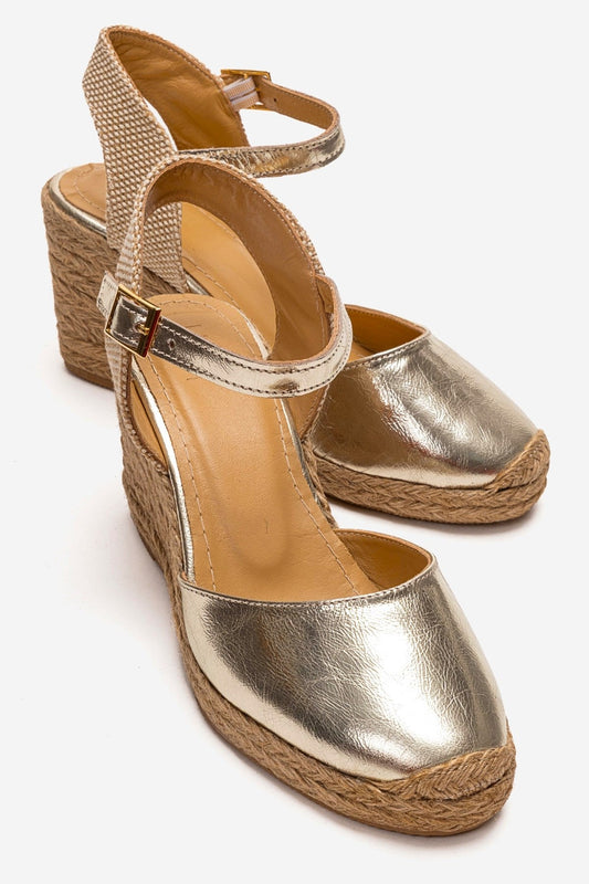 SINTA - Sandalia de tacón de cuero genuino dorado (Mujer)
