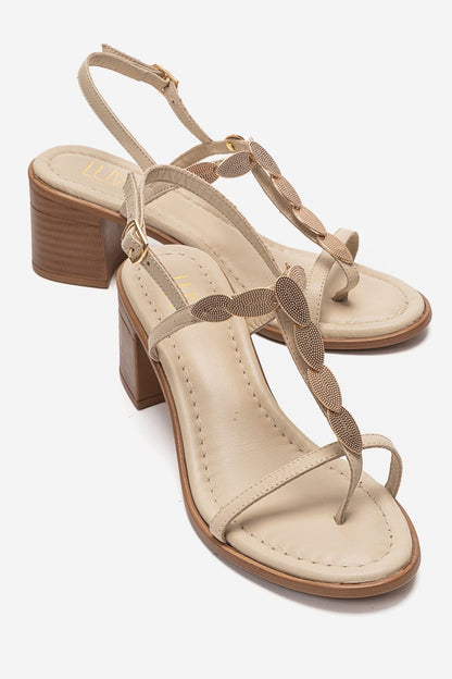 SERONA - Beige Genuine Leather Buckled Block Heel Sandal (Women)