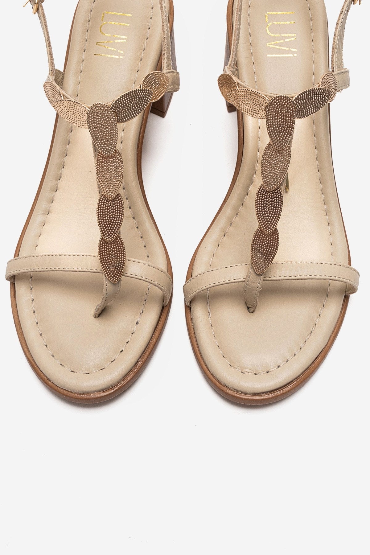 SERONA - Beige Genuine Leather Buckled Block Heel Sandal (Women)