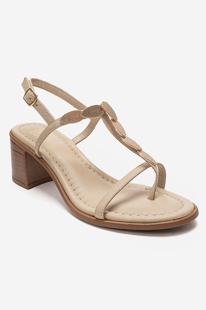 SERONA - Beige Genuine Leather Buckled Block Heel Sandal (Women)