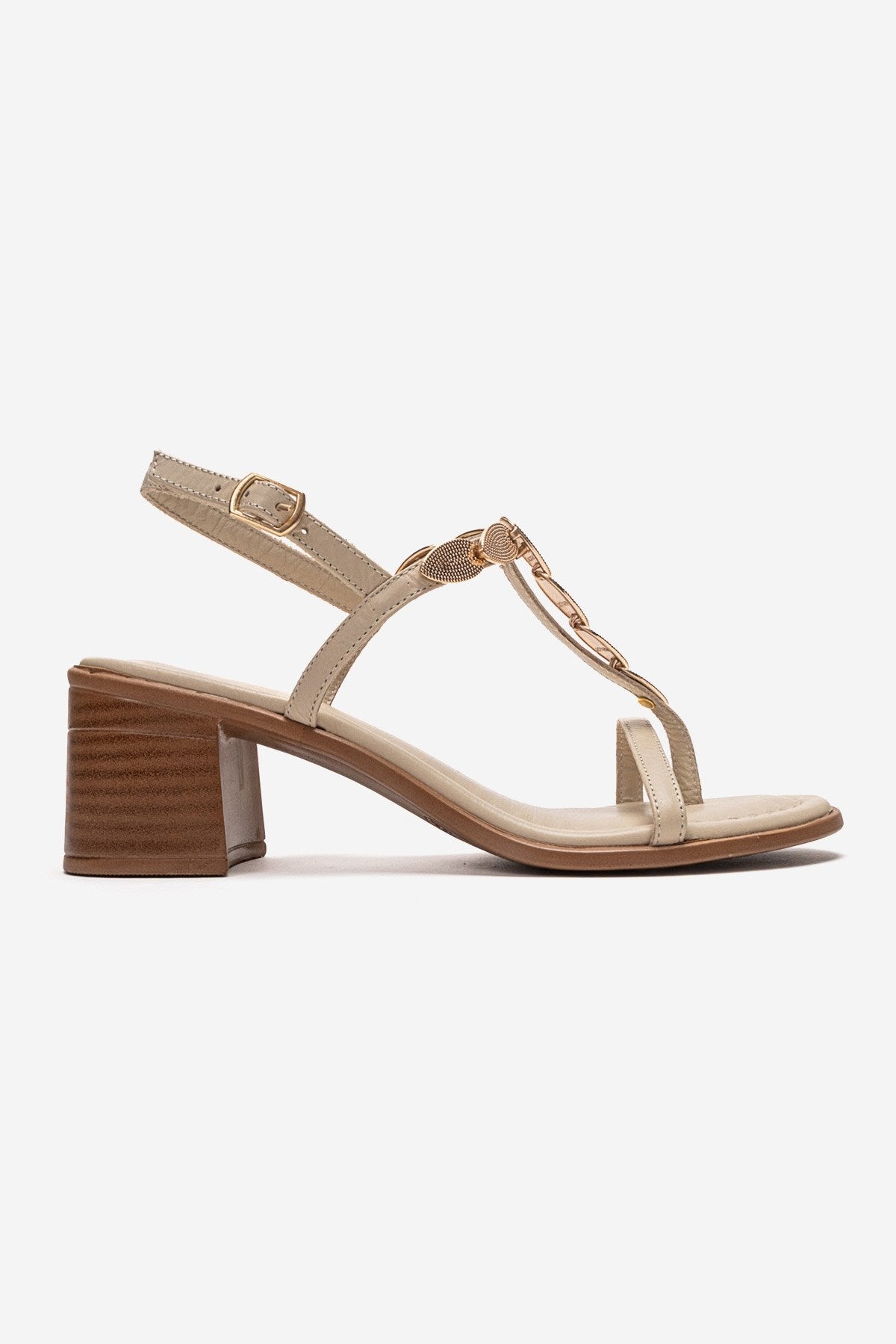 SERONA - Beige Genuine Leather Buckled Block Heel Sandal (Women)