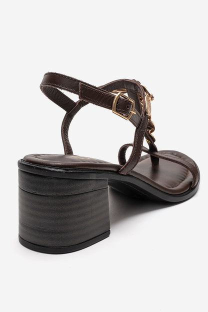 SERONA - Sandalia de Tacón Grueso con Hebilla de Cuero Genuino Marrón (Mujer)