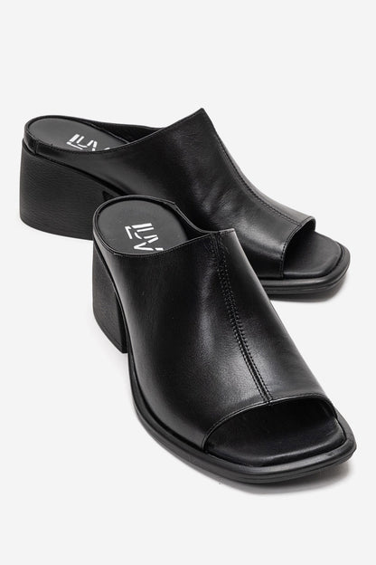 SOREX - Black Genuine Leather Block Heel Mule (Women)