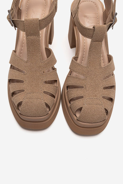 ROVENA - Cognac Suede Platform Block Heel Sandal (Women)