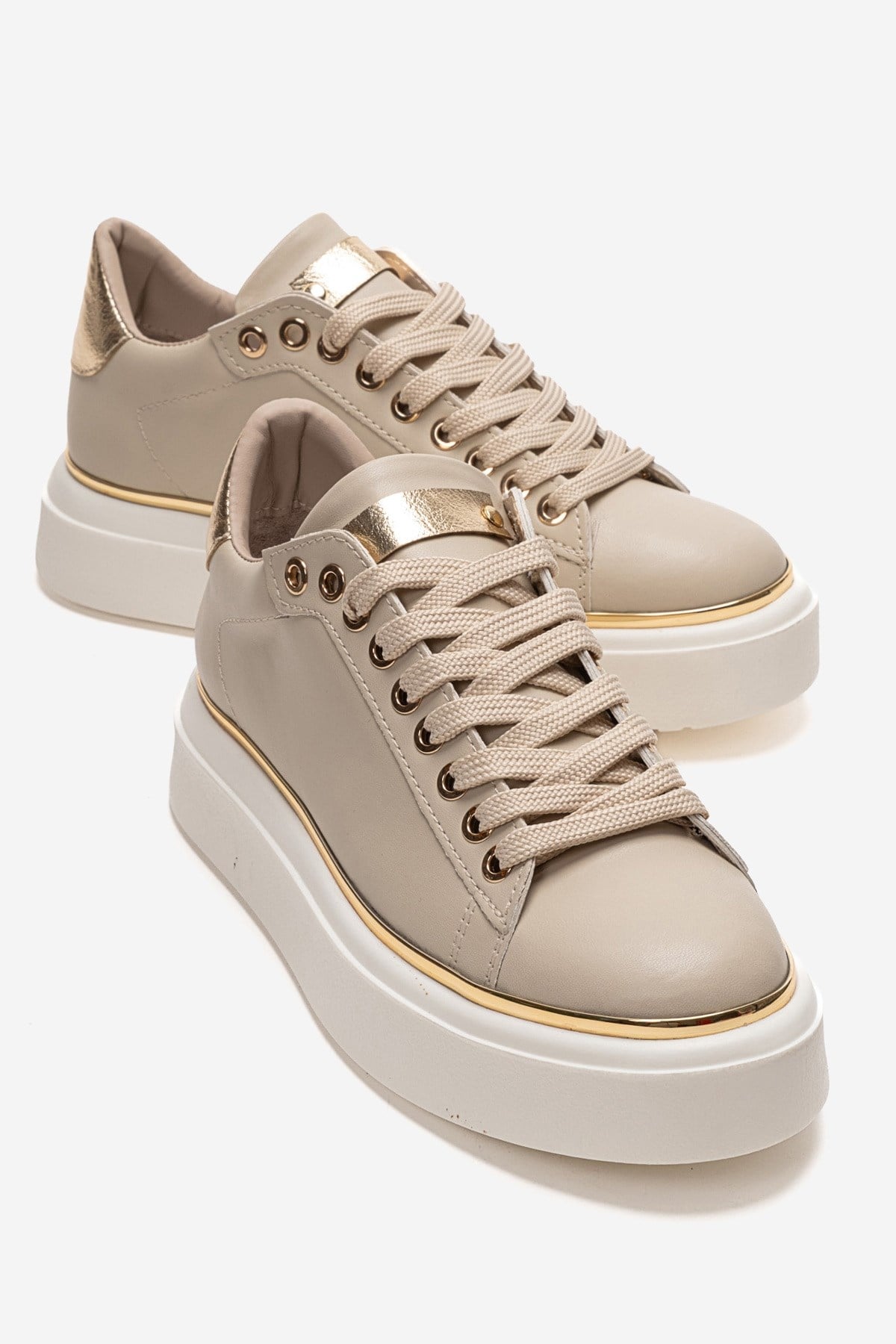 BORENA - Beige Genuine Leather Thick-Platform Casual Sneaker (Women)
