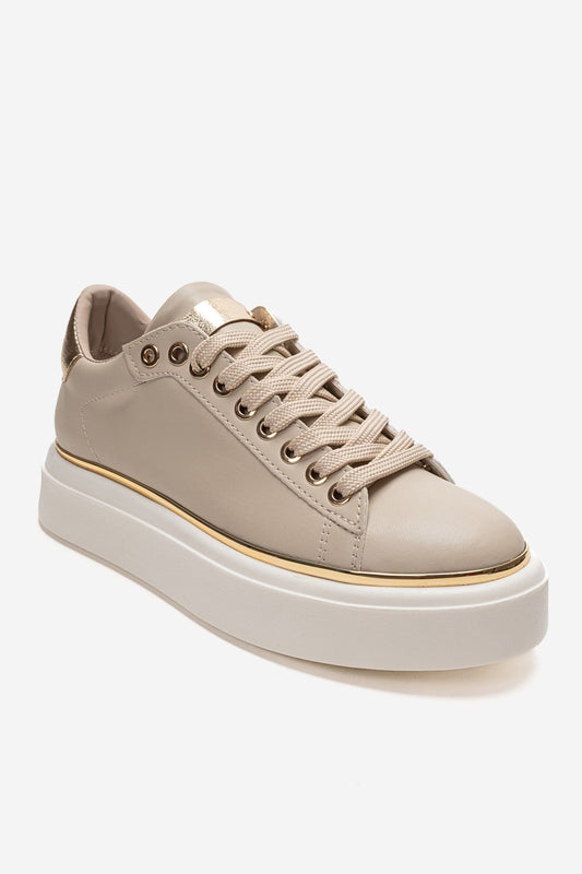 BORENA - Zapatilla casual de piel auténtica beige con plataforma gruesa (Mujer)