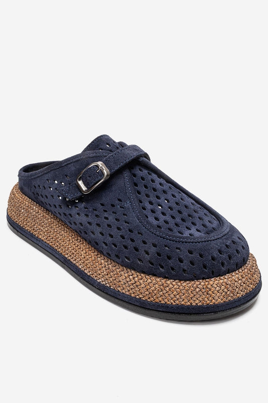VONE - Mule de piel genuina azul marino con punta cerrada (Mujer)