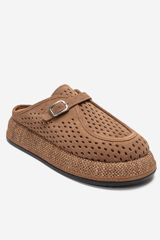 VONE - Mules de cuero genuino con puntera cerrada color gris topo (Mujer)
