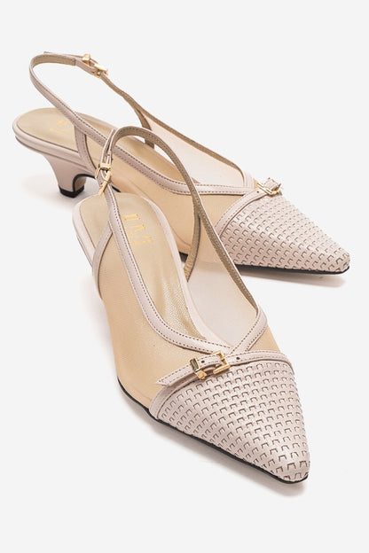 LAVIERA - Zapatos de tacón bajo destalonados de piel auténtica beige (Mujer)