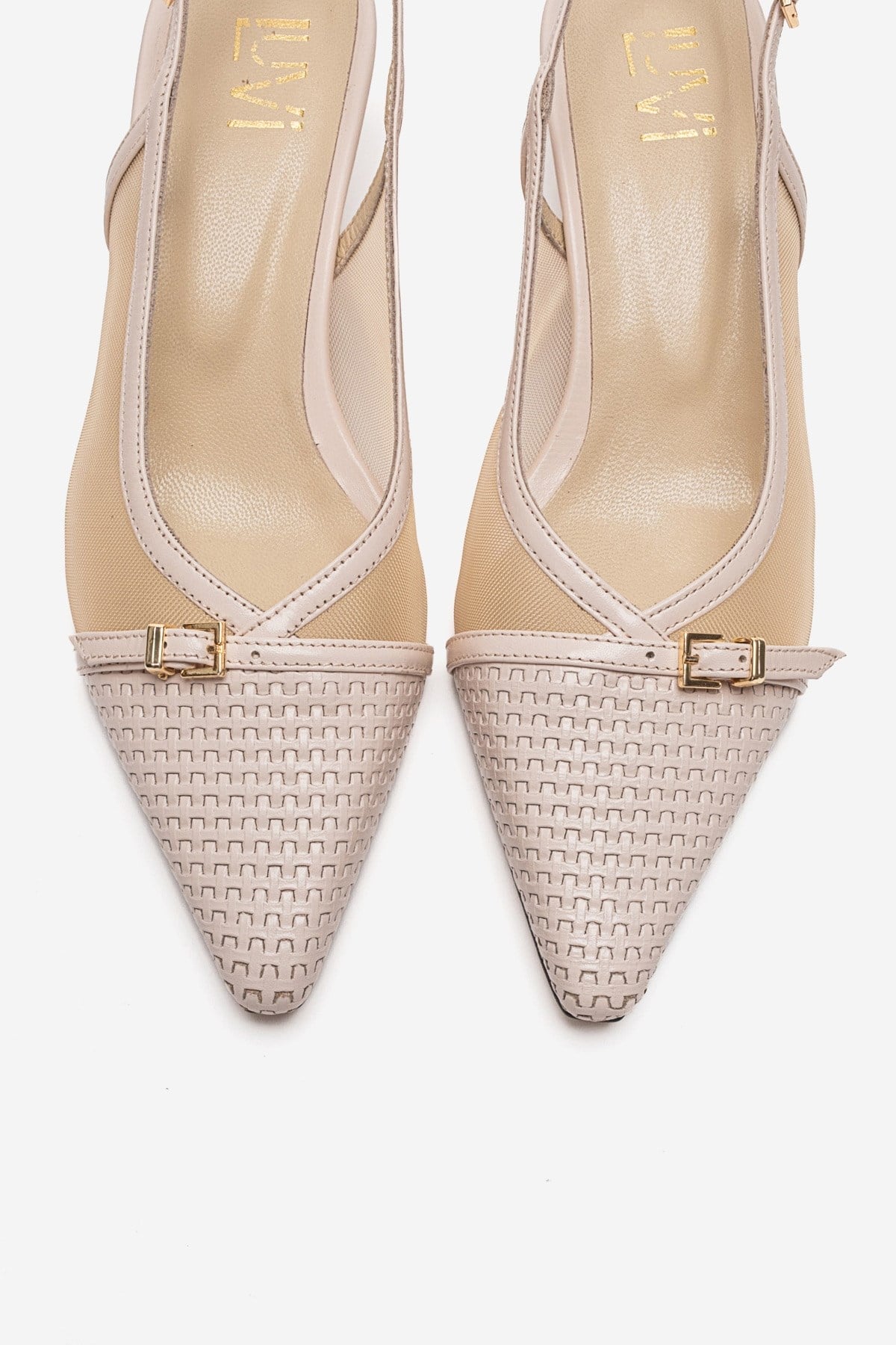 LAVIERA - Zapatos de tacón bajo destalonados de piel auténtica beige (Mujer)
