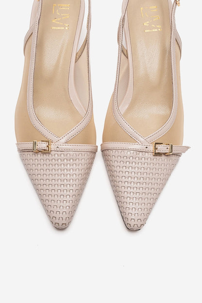 LAVIERA - Zapatos de tacón bajo destalonados de piel auténtica beige (Mujer)