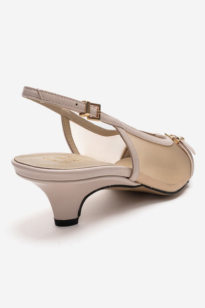 LAVIERA - Zapatos de tacón bajo destalonados de piel auténtica beige (Mujer)