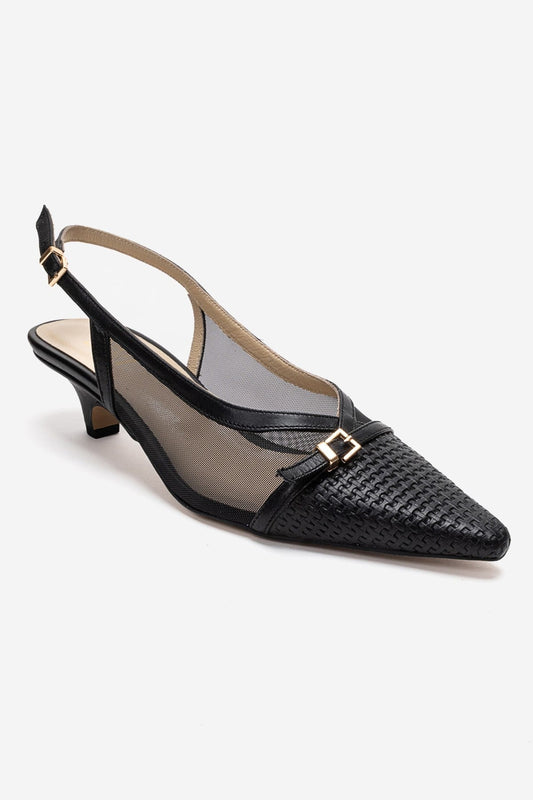 LAVIERA - Zapatos de tacón bajo destalonados de cuero genuino negro (mujer)