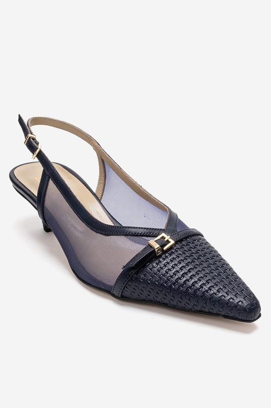 LAVIERA - Zapatos de tacón bajo destalonados de piel auténtica azul marino (Mujer)