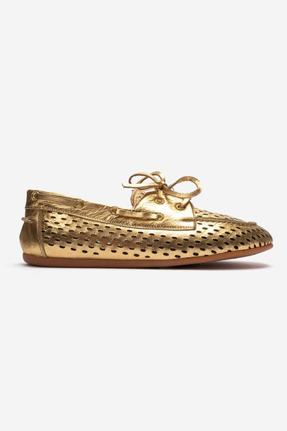 STEVO - Mocasín con Cordones de Cuero Genuino Dorado (Mujer)
