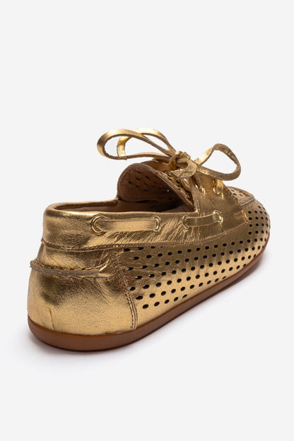 STEVO - Mocasín con Cordones de Cuero Genuino Dorado (Mujer)