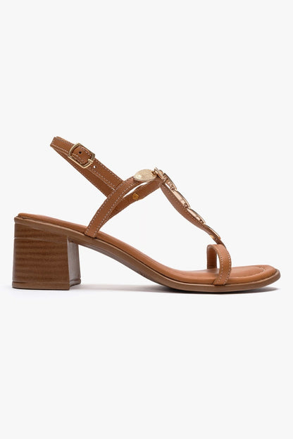 SERONA - Cognac Genuine Leather Buckled Block Heel Sandal (Women)