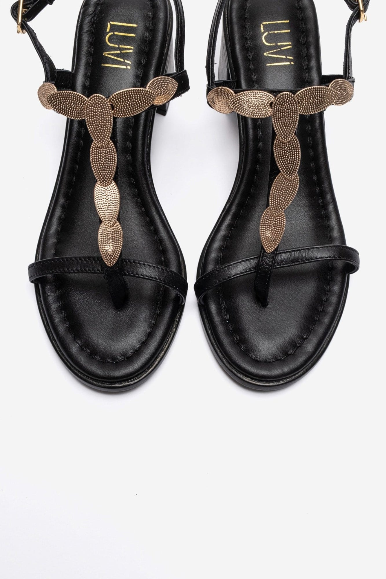 SERONA - Black Genuine Leather Buckled Block Heel Sandal (Women)