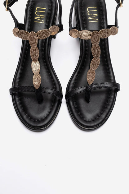 SERONA - Black Genuine Leather Buckled Block Heel Sandal (Women)