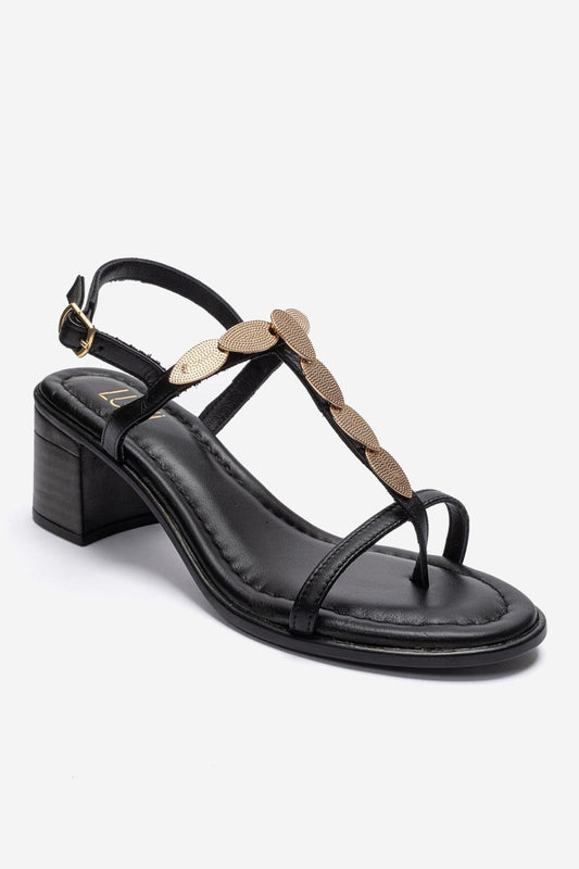 SERONA - Black Genuine Leather Buckled Block Heel Sandal (Women)