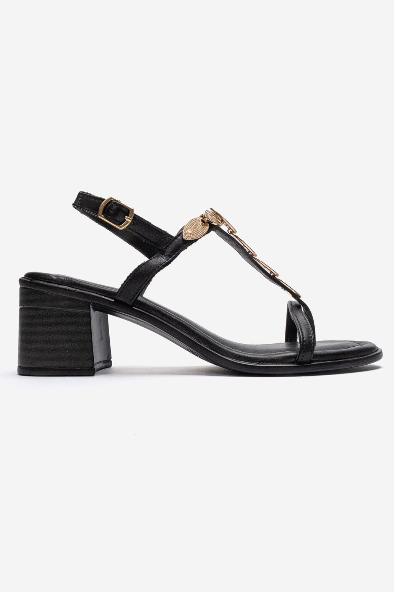 SERONA - Black Genuine Leather Buckled Block Heel Sandal (Women)