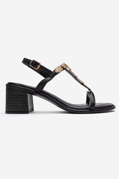 SERONA - Black Genuine Leather Buckled Block Heel Sandal (Women)