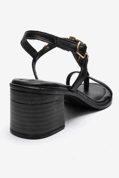 SERONA - Black Genuine Leather Buckled Block Heel Sandal (Women)
