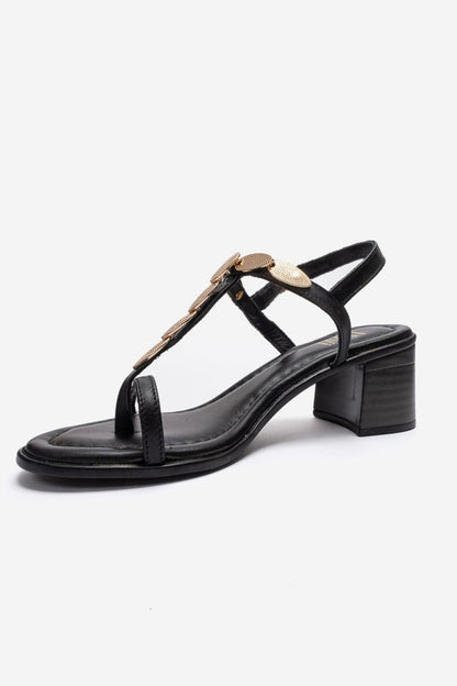 SERONA - Black Genuine Leather Buckled Block Heel Sandal (Women)