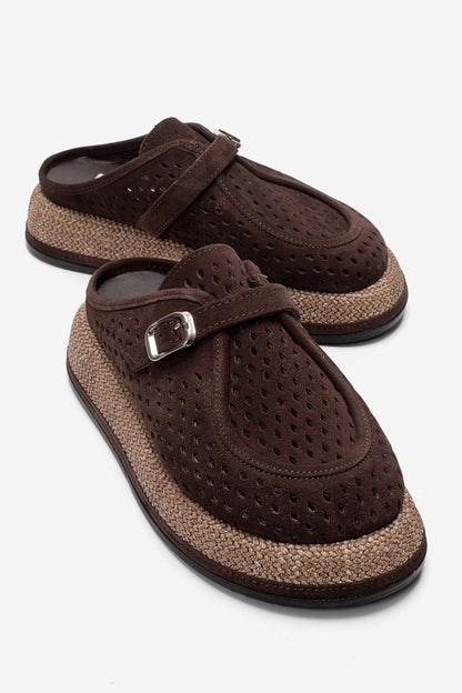 Vone - Brown Suede Genuine Leather Buckled Closed-Toe Slide (Women)