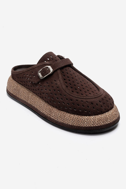 Vone - Brown Suede Genuine Leather Buckled Closed-Toe Slide (Women)