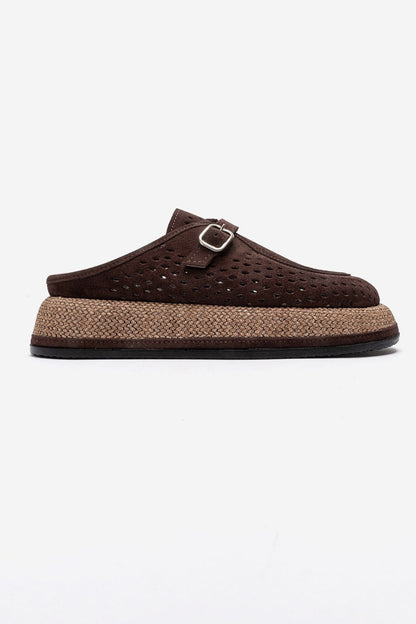 Vone - Brown Suede Genuine Leather Buckled Closed-Toe Slide (Women)