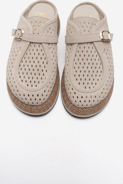 Vone - Beige Suede Genuine Leather Buckled Closed-Toe Slide (Women)