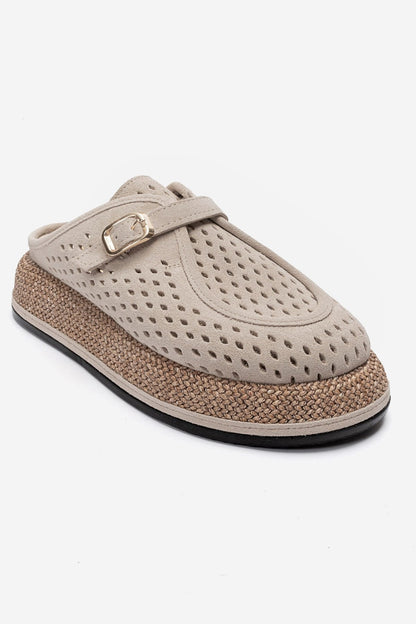 Vone - Beige Suede Genuine Leather Buckled Closed-Toe Slide (Women)