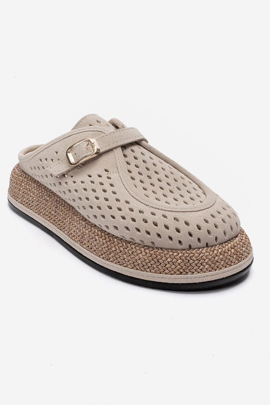 Vone - Beige Suede Genuine Leather Buckled Closed-Toe Slide (Women)