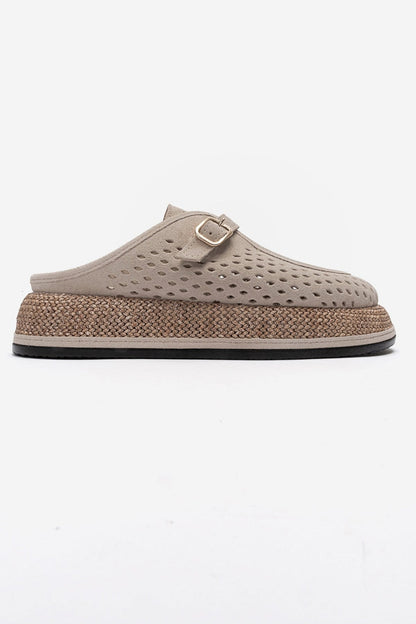 Vone - Beige Suede Genuine Leather Buckled Closed-Toe Slide (Women)