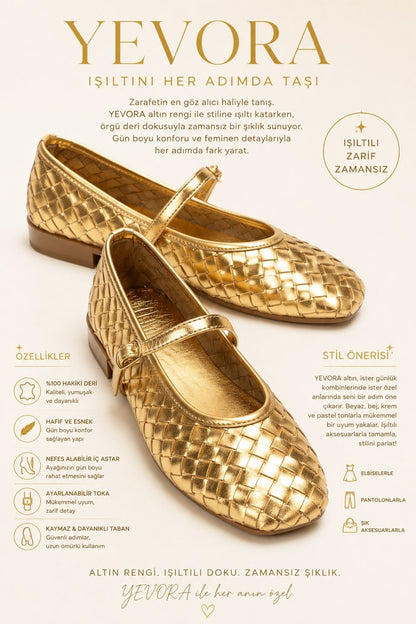 YEVORA - Gold Genuine Leather Ballet Flat Mary Jane (Women)