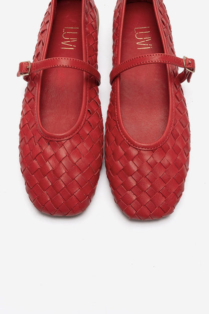 Yevora - Red Genuine Leather Woven Mary Jane Flat (Women)