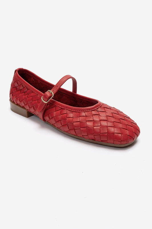 Yevora - Red Genuine Leather Woven Mary Jane Flat (Women)
