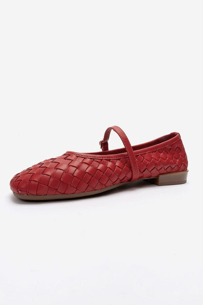 Yevora - Red Genuine Leather Woven Mary Jane Flat (Women)