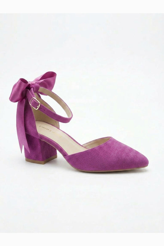 Arielle Fuchsia Suede Bow Ankle Strap Block Heel Sandal