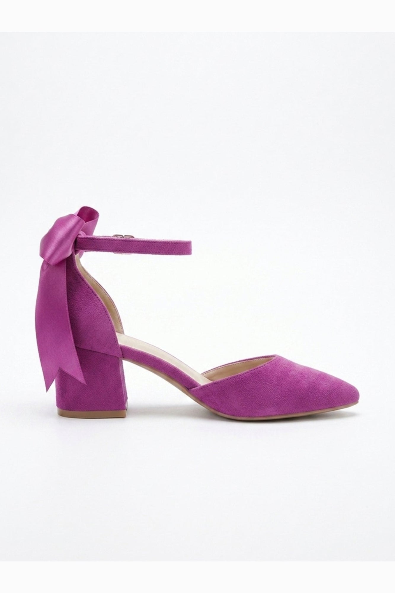Arielle Fuchsia Suede Bow Ankle Strap Block Heel Sandal