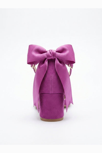 Arielle Fuchsia Suede Bow Ankle Strap Block Heel Sandal