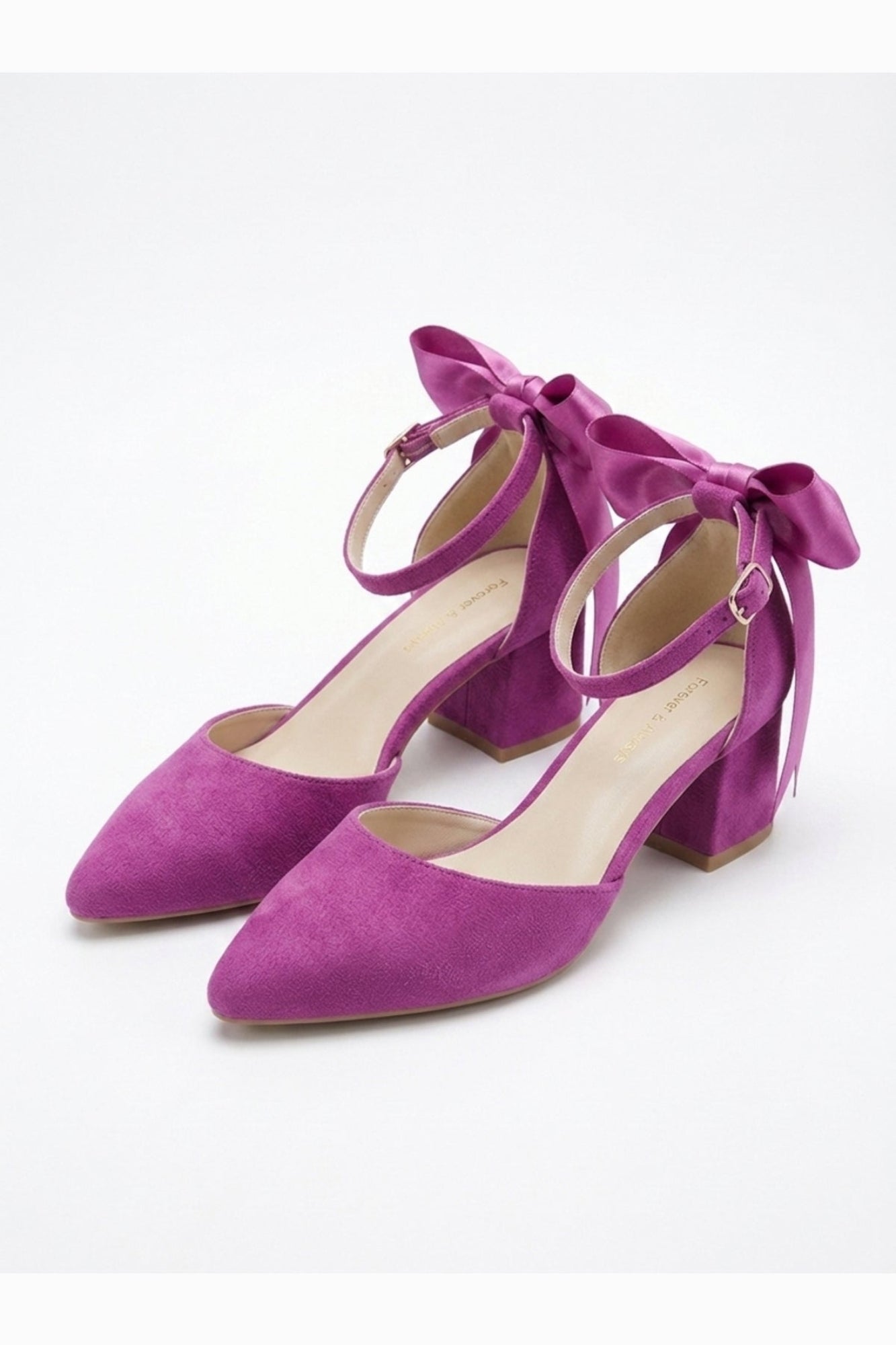 Arielle Fuchsia Suede Bow Ankle Strap Block Heel Sandal