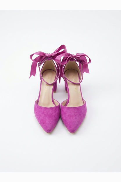 Arielle Fuchsia Suede Bow Ankle Strap Block Heel Sandal